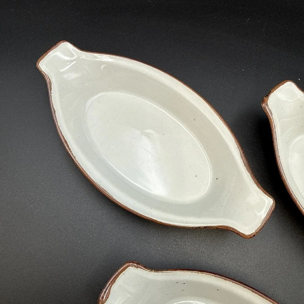 3 Individual Baking Au‎ Gratin White w/ Brown Rims EUC